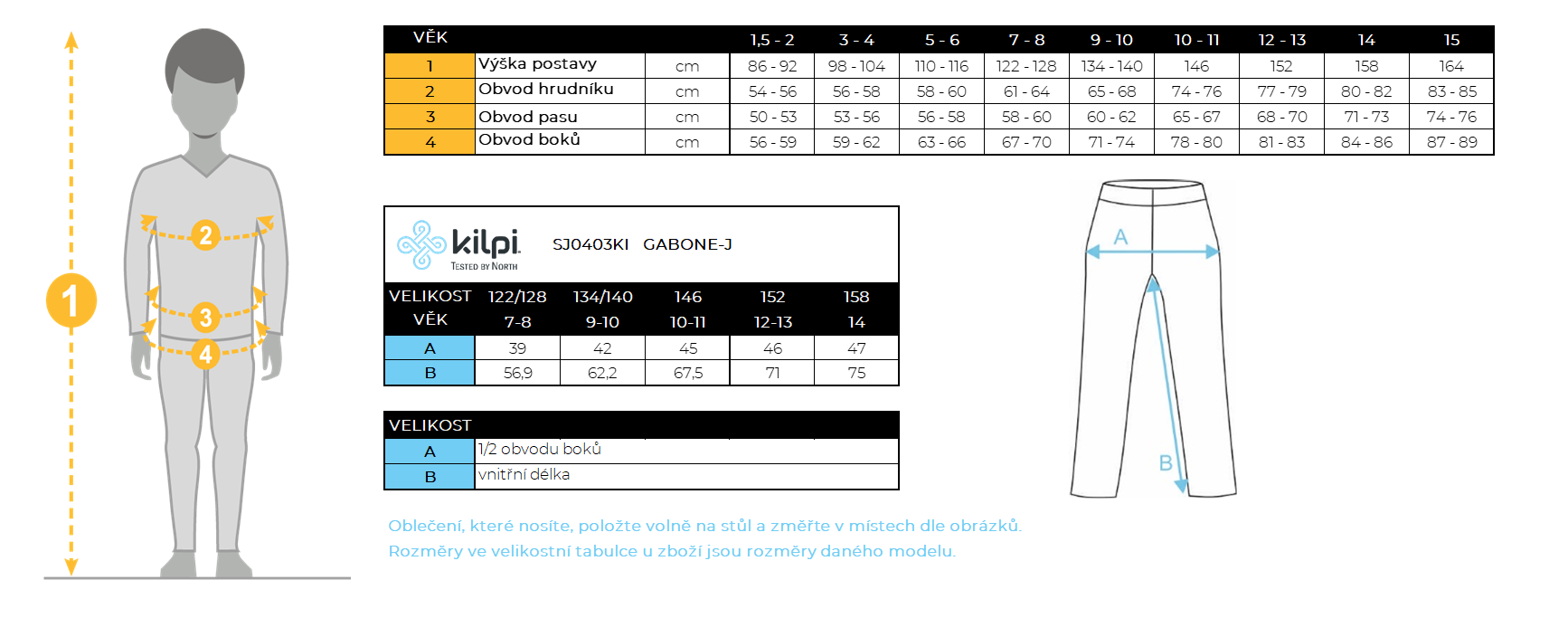 Kilpi Gabone - velikostní tabulka